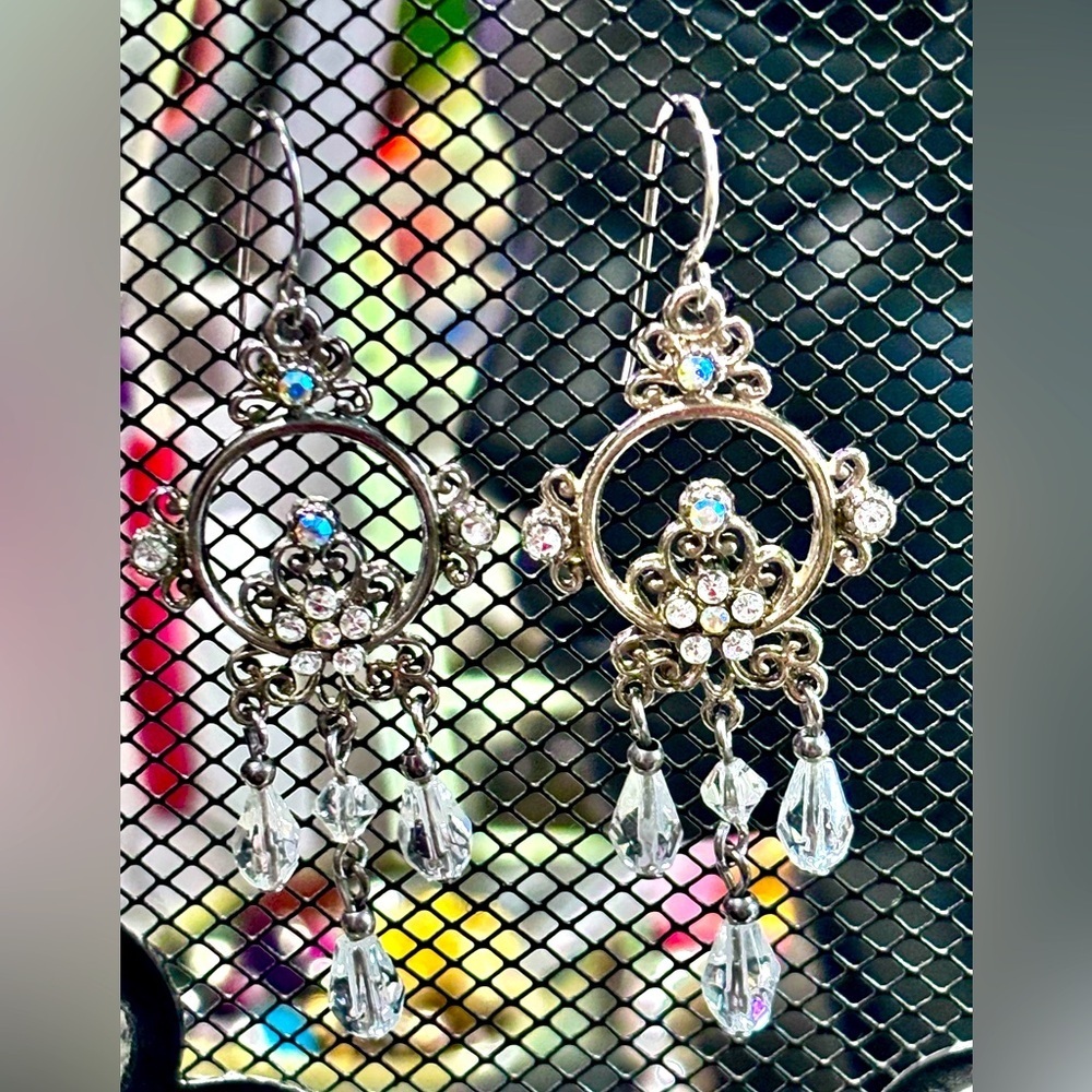 Vintage chandelier Silver tone Drop Earrings with Crystal Accents